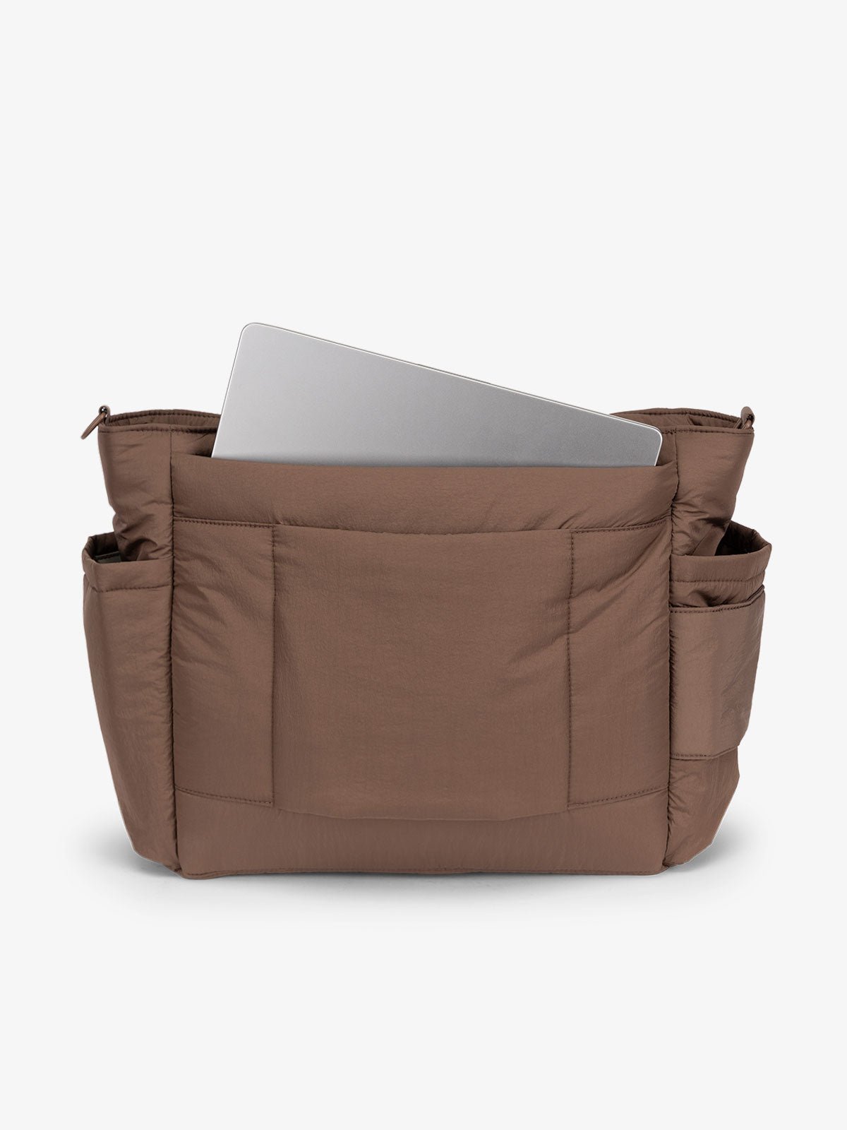 Hazelnut CALPAK laptop diaper tote bag with multiple insulated exterior bottle pockets and a spacious pocket for laptop or ipad