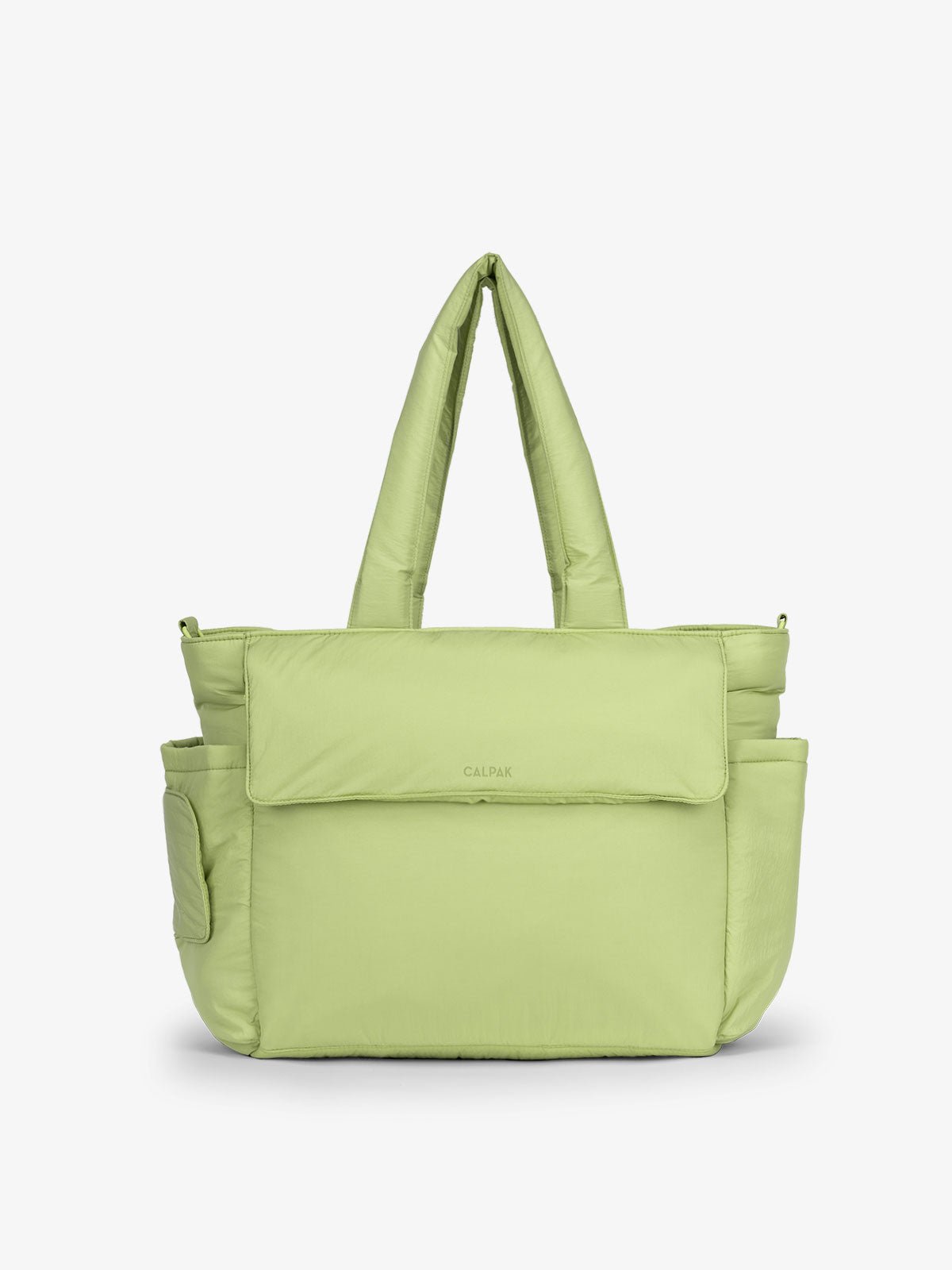 CALPAK Diaper Tote Bag with Laptop Sleeve made with durable, recycled, water-resistant material and a magnetic front pocket closure lime