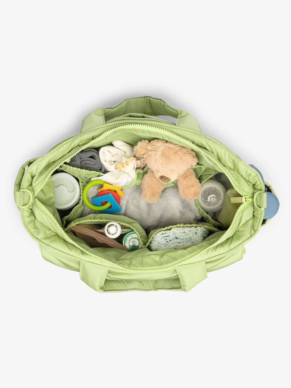 CALPAK Diaper Tote Bag with Laptop Sleeve featuring multiple interior pockets in lime green; TBB2401-LIME