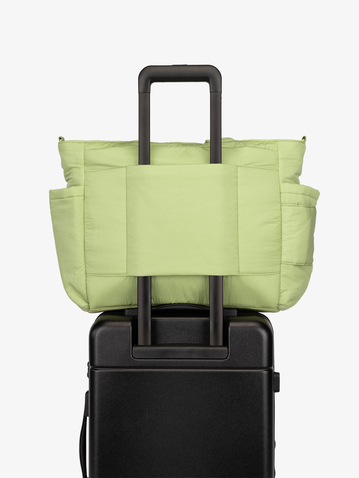CALPAK Diaper Tote Bag with Laptop Sleeve featuring luggage trolley sleeve with back pocket in lime green; TBB2401-LIME