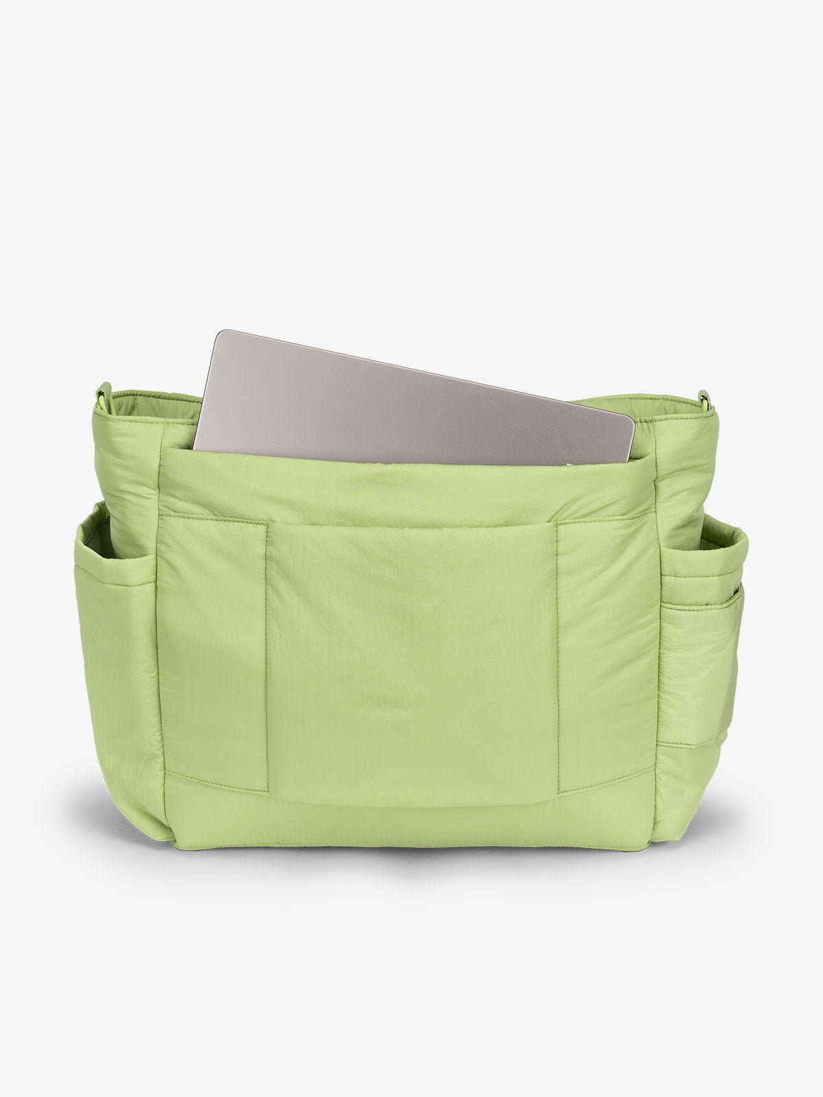 Lime CALPAK laptop diaper tote bag with multiple insulated exterior bottle pockets and a spacious pocket for laptop or ipad