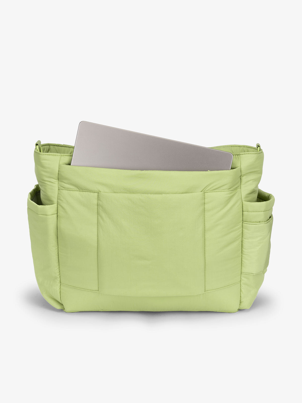 Lime CALPAK laptop diaper tote bag with multiple insulated exterior bottle pockets and a spacious pocket for laptop or ipad; TBB2401-LIME