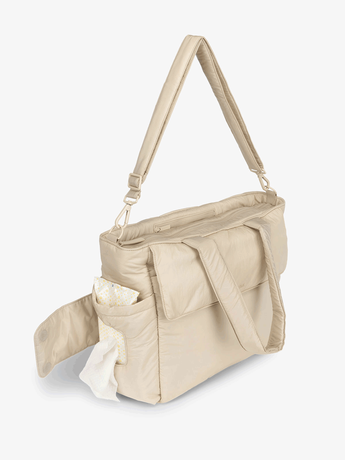 CALPAK diaper tote bag with baby wipe compartment in beige; TBB2401-OATMEAL