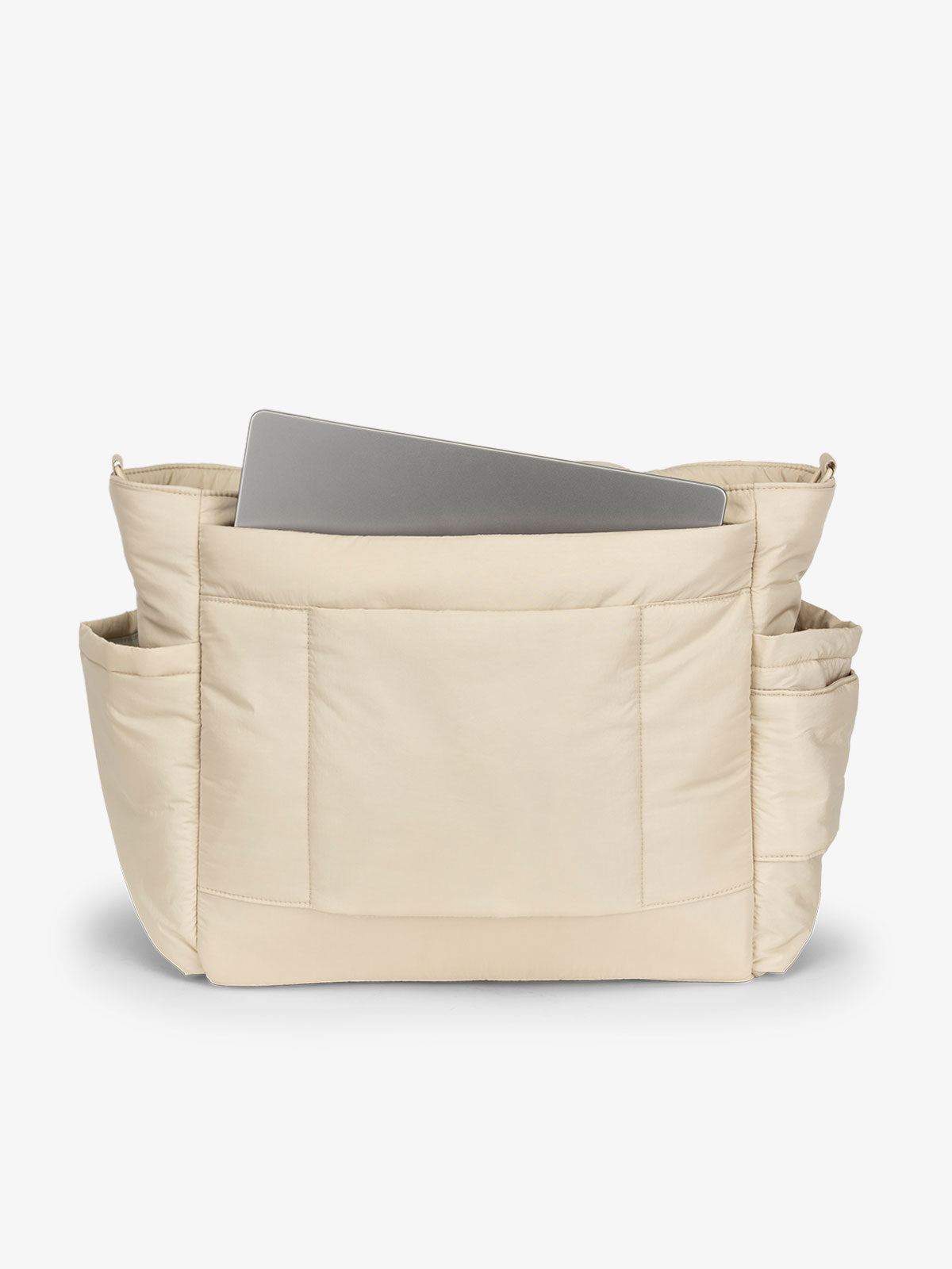 Oatmeal CALPAK laptop diaper tote bag with multiple insulated exterior bottle pockets and a spacious pocket for laptop or ipad; TBB2401-OATMEAL