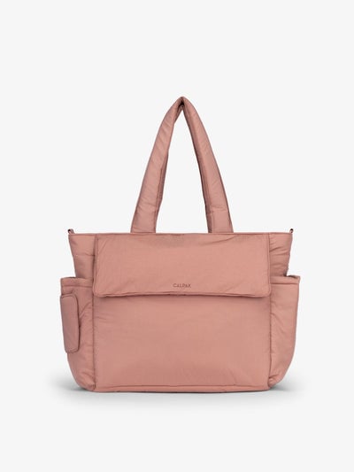 CALPAK Diaper Tote Bag with Laptop Sleeve made with durable, recycled, water-resistant material and a magnetic front pocket closure in peony; TBB2401-PEONY