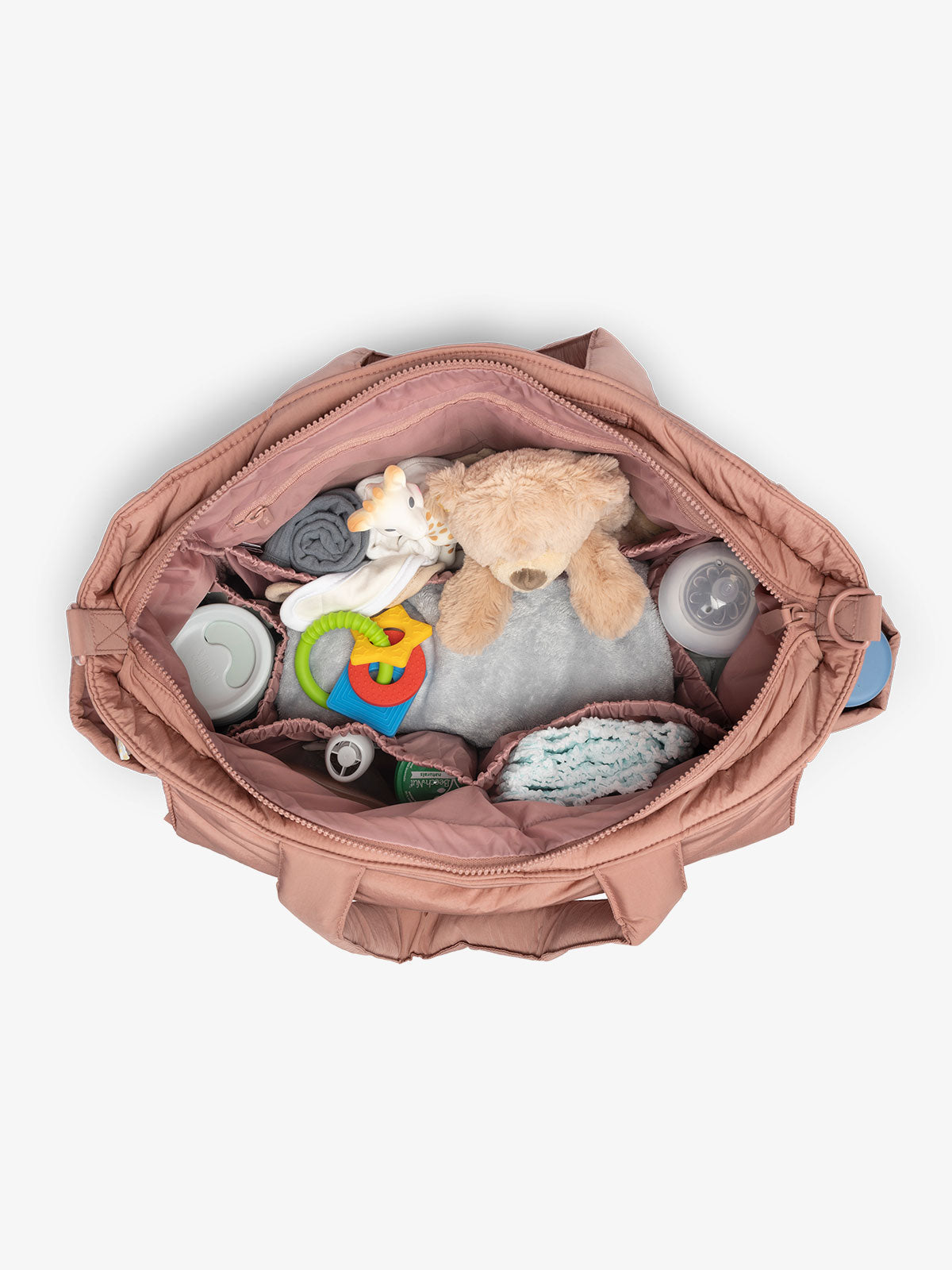 CALPAK Diaper Tote Bag with Laptop Sleeve featuring multiple interior pockets in peony pink; TBB2401-PEONY