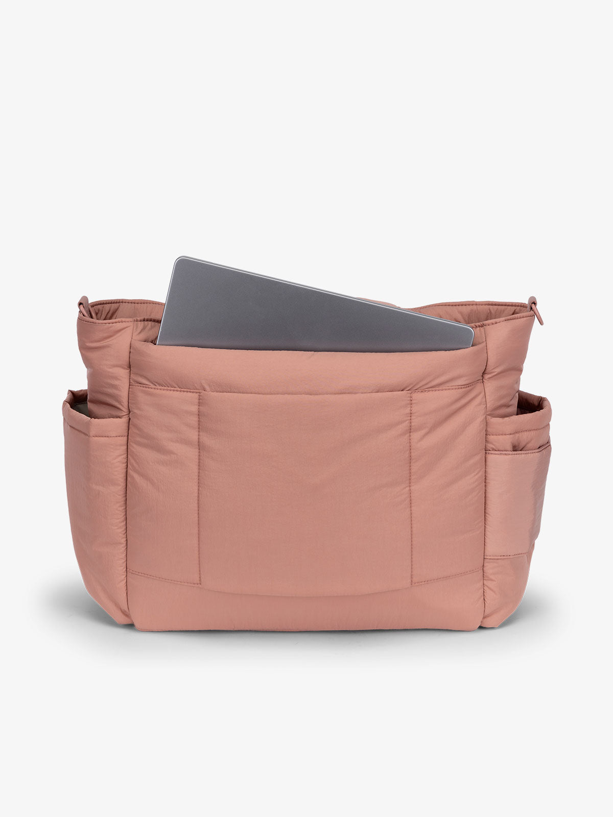 Peony CALPAK laptop diaper tote bag with multiple insulated exterior bottle pockets and a spacious pocket for laptop or ipad; TBB2401-PEONY