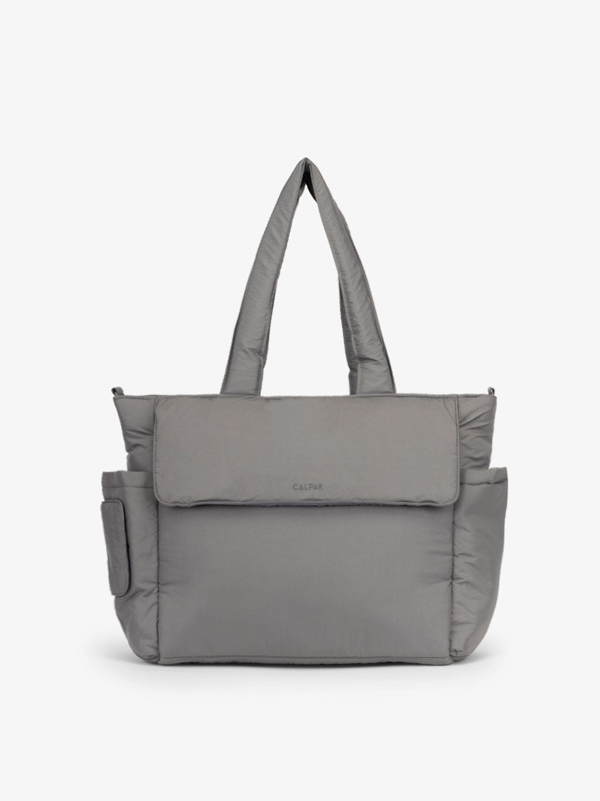 CALPAK Diaper Tote Bag with Laptop Sleeve made with durable, recycled, water-resistant material and a magnetic front pocket closure in slate; TBB2401-SLATE