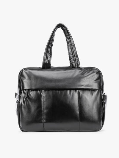 Black CALPAK Luka Large Duffel in vegan leather with dual top handles, shown against a plain white background; DLL2201-BLACK-PU view 1