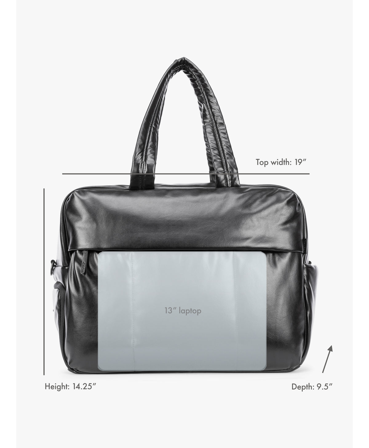 Black CALPAK Luka Large Duffel in vegan leather with dual top handles, shown against a plain white background showing dimensions and laptop fit; DLL2201-BLACK-PU