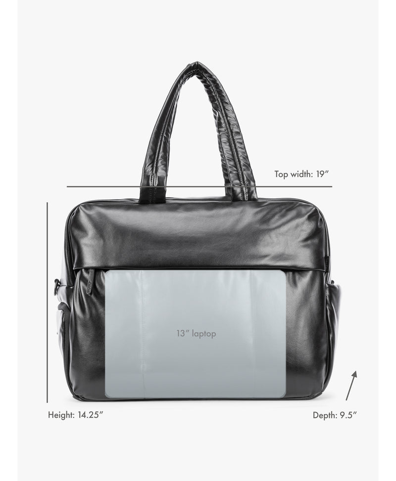 Black CALPAK Luka Large Duffel in vegan leather with dual top handles, shown against a plain white background showing dimensions and laptop fit