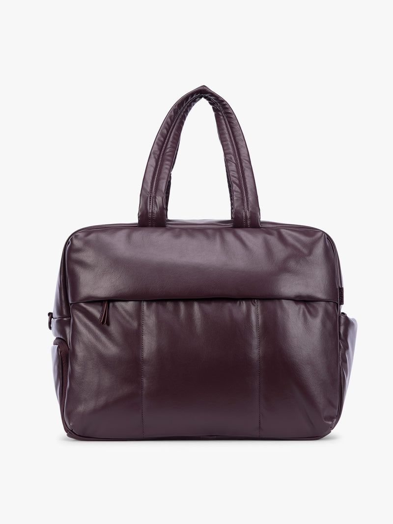 Dark Cherry deep burgundy CALPAK Luka Large Duffel in vegan leather with dual top handles, shown against a plain white background