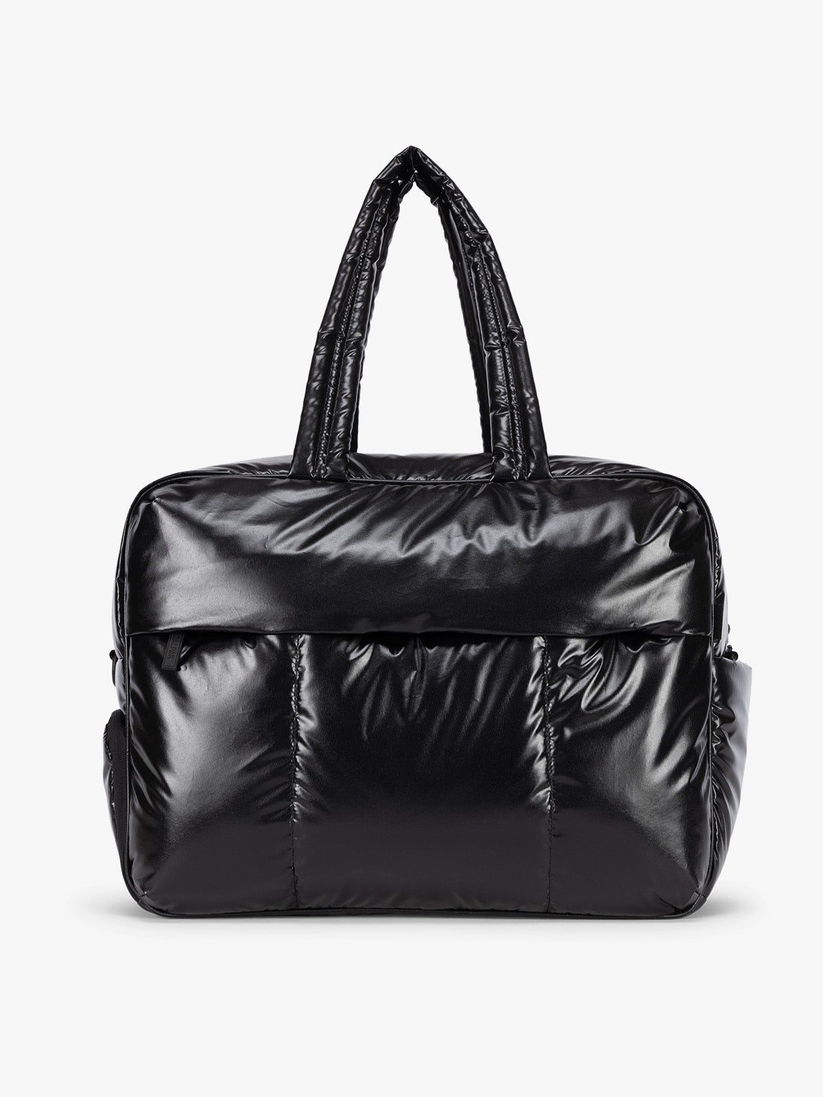 A shiny black puffer-style CALPAK Luka Large Duffel Bag with two top handles, photographed against a clean white studio background; DLL2201-GLAZED-BLACK