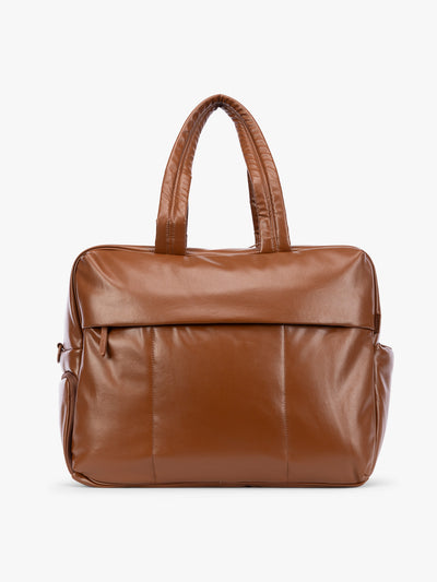 Honey Brown CALPAK Luka Large Duffel in vegan leather with dual top handles, shown against a plain white background; DLL2201-HONEY-BROWN-PU view 1