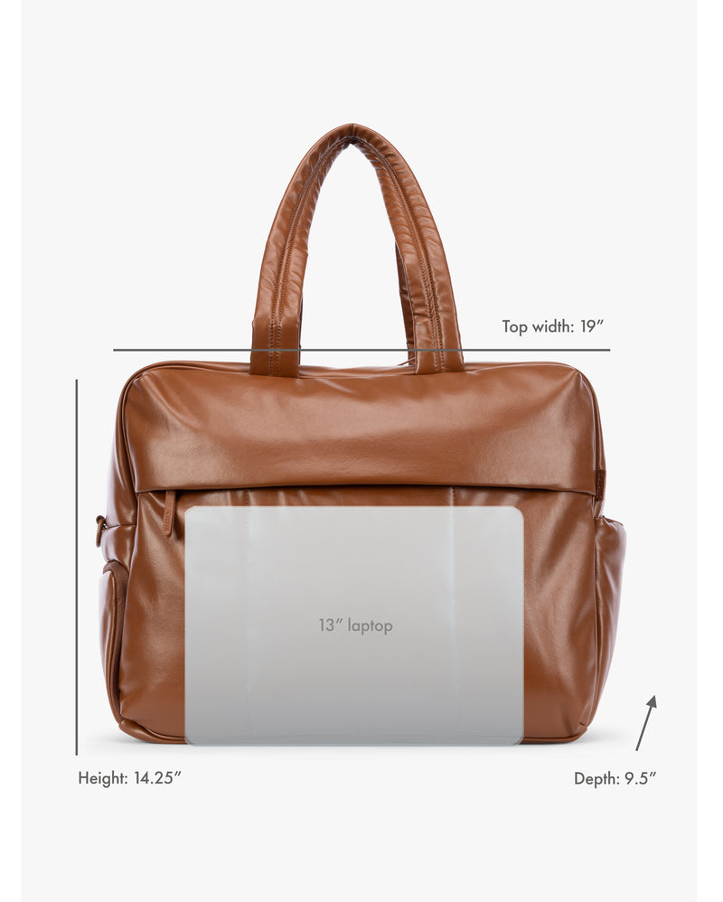 Honey Brown CALPAK Luka Large Duffel in vegan leather with dual top handles, shown against a plain white background with dimensions and laptop fit