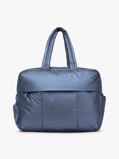 CALPAK Luka Large Duffel in dark blue metallic material in Metallic Indigo; DLL2201-METALLIC-INDIGO view 1