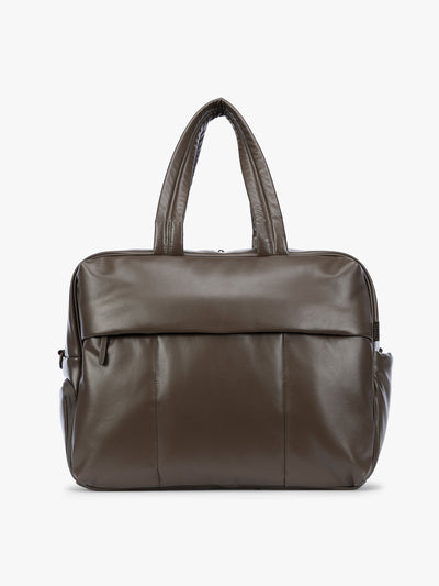Mushroom dark brown CALPAK Luka Large Duffel in vegan leather with dual top handles, shown against a plain white background; DLL2201-MUSHROOM-PU view 1