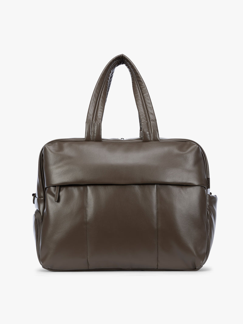 Mushroom dark brown CALPAK Luka Large Duffel in vegan leather with dual top handles, shown against a plain white background