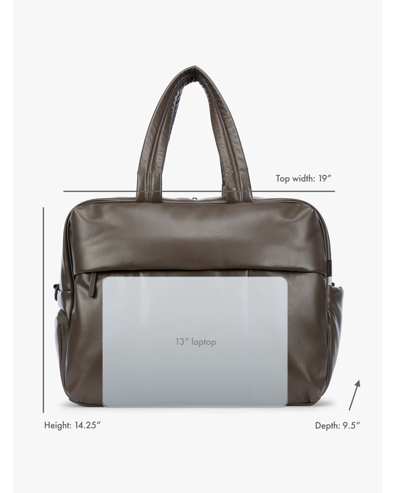 Mushroom dark brown CALPAK Luka Large Duffel in vegan leather with dual top handles, shown against a plain white background with dimensions showing laptop fit