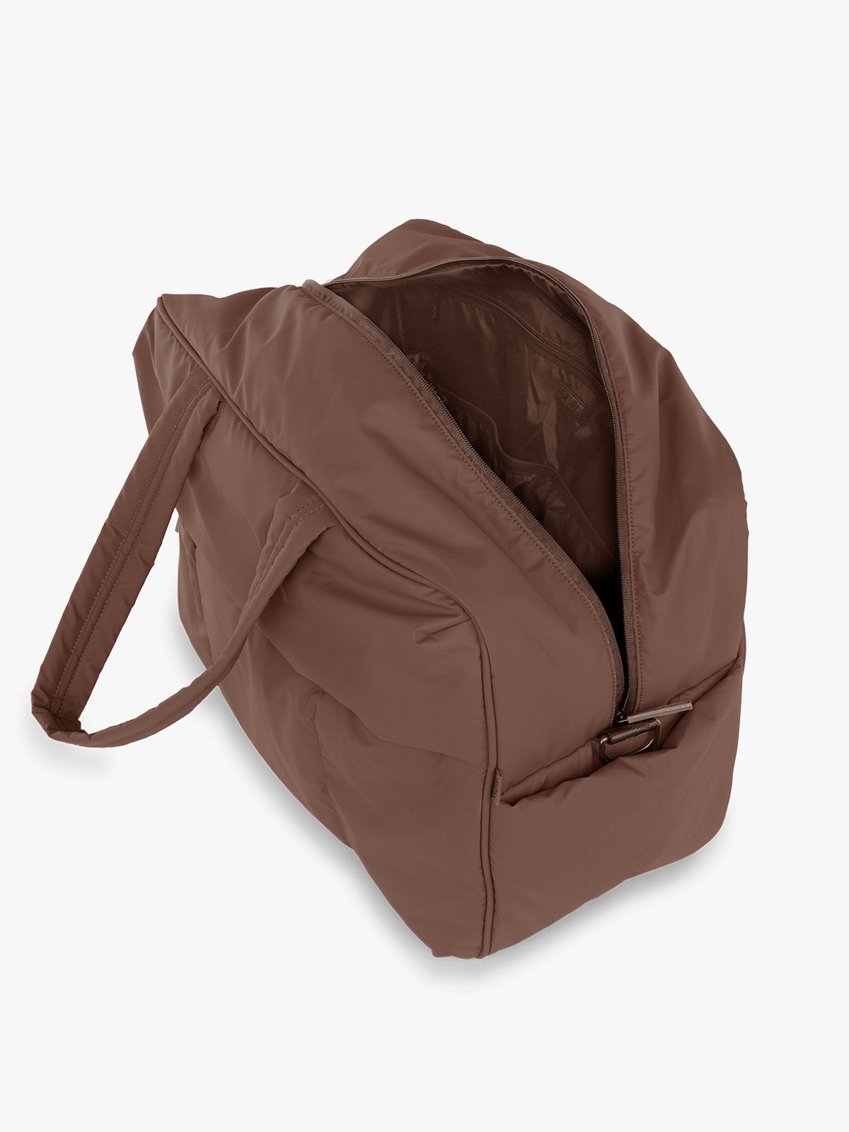 Side opened view of the CALPAK Luka Large Duffel in brown Walnut front view with a grey studio background; DLL2201-WALNUT