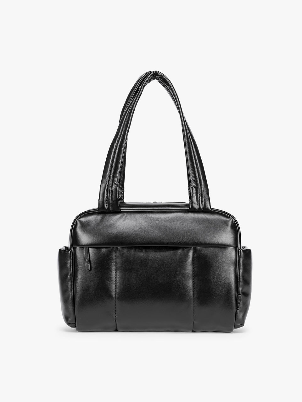 Black vegan leather CALPAK Luka Mini Duffel with dual top handles and side pockets, photographed against a clean white background; DLM2501-BLACK-PU