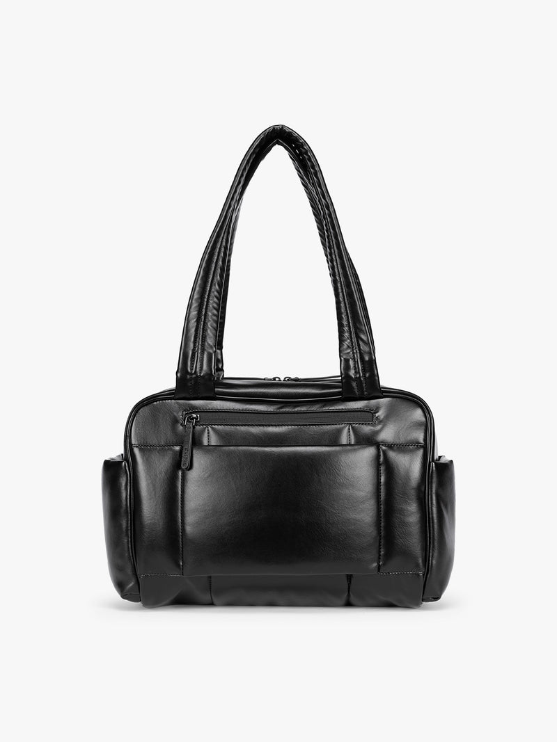 Back view of Black vegan leather CALPAK Luka Mini Duffel with dual top handles and side pockets, photographed against a clean white background
