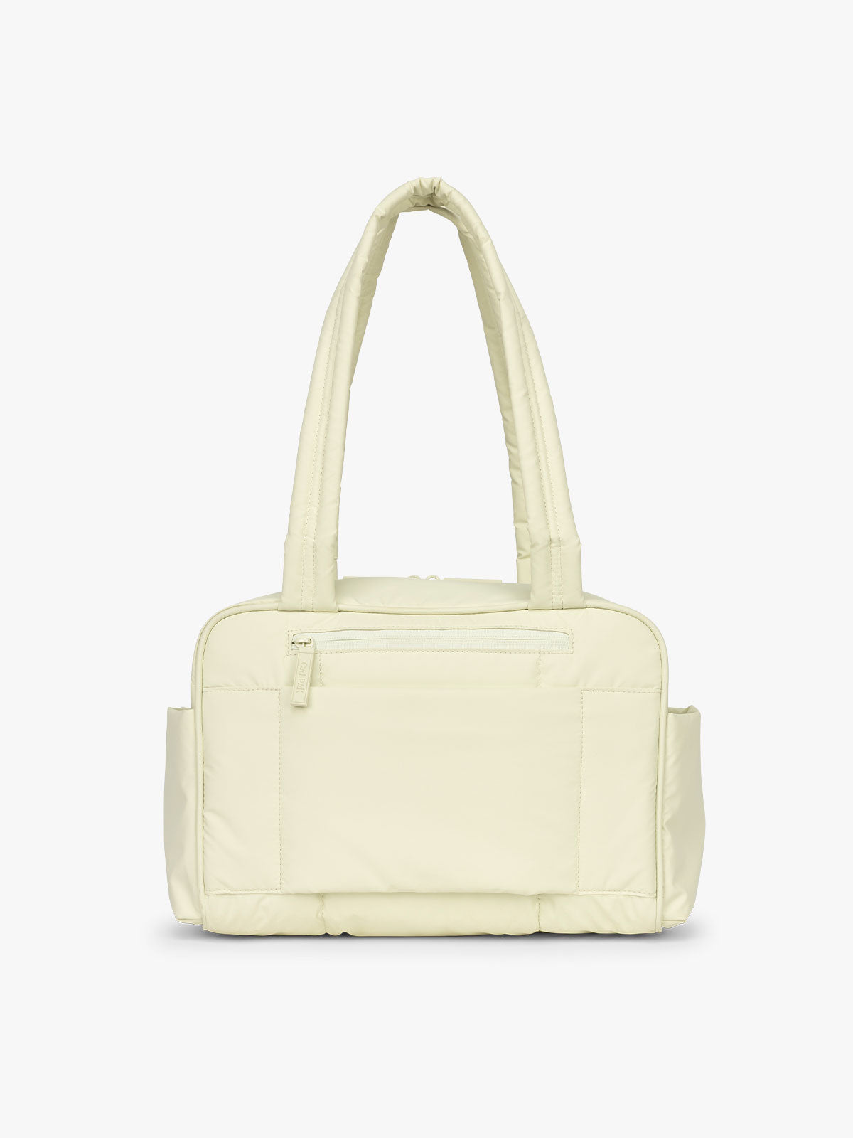 Back of CALPAK Luka Mini Duffel in light green Celadon; DLM2501-CELADON