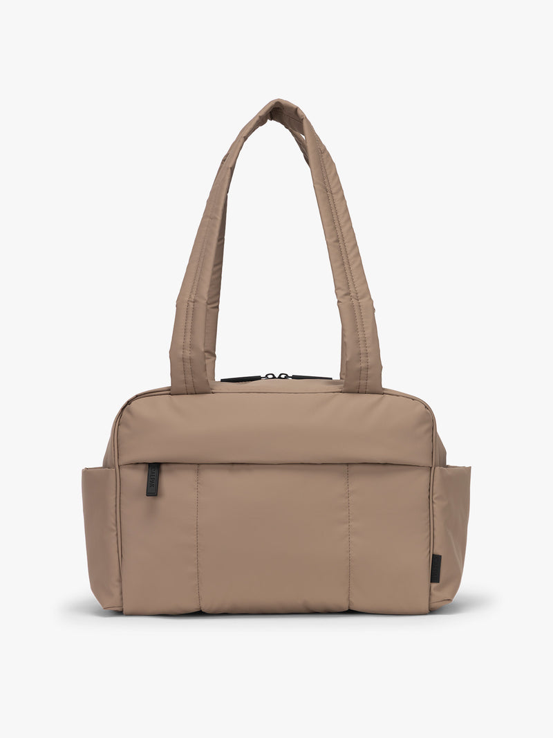 CALPAK Luka Mini Duffel in brown Chocolate with black zippers and front pocket
