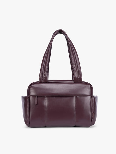 Dark burgundy Dark Cherry vegan leather CALPAK Luka Mini Duffel with dual top handles and side pockets, photographed against a clean white background; DLM2501-DARK-CHERRY-PU view 1