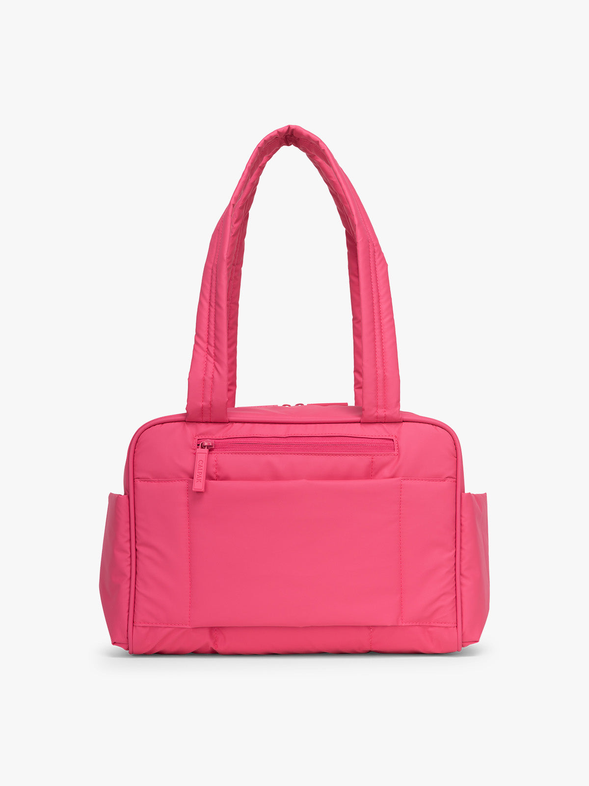 Back side of CALPAK Luka Mini Duffel in bright pink on a white background; DLM2501-DRAGONFRUIT