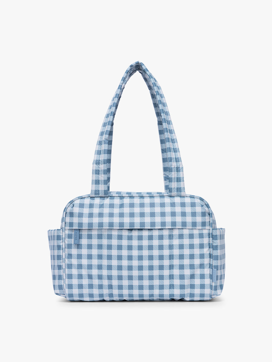 CALPAK Luka Mini Duffel in white and blue gingham print in French Blue Gingham; DLM2501-FRENCH-BLUE-GINGHAM