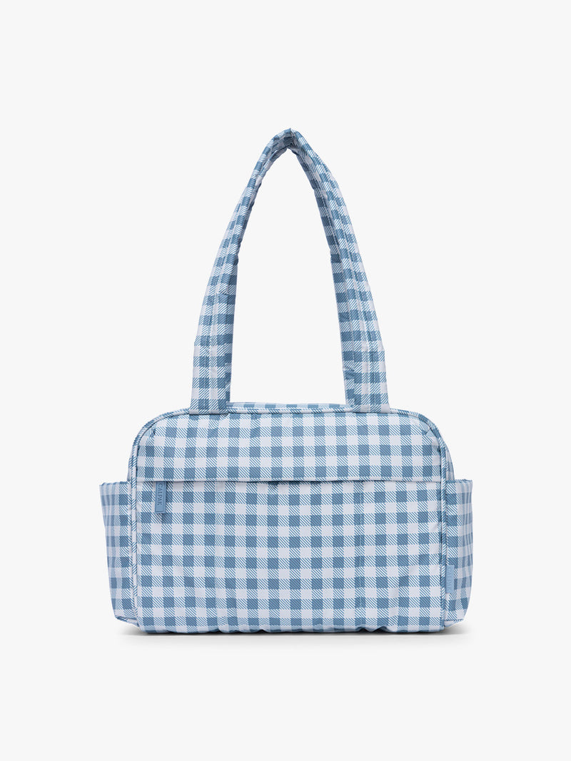 CALPAK Luka Mini Duffel in white and blue gingham print in French Blue Gingham