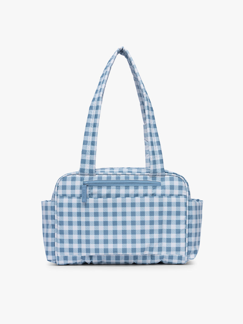 Backside of CALPAK Luka Mini Duffel in white and blue gingham print in French Blue Gingham
