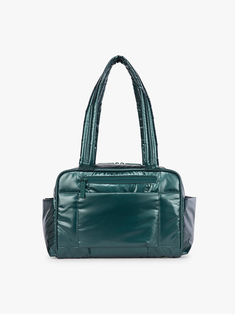Backside of CALPAK Luka Mini Duffel in dark green shiny Glazed Kale