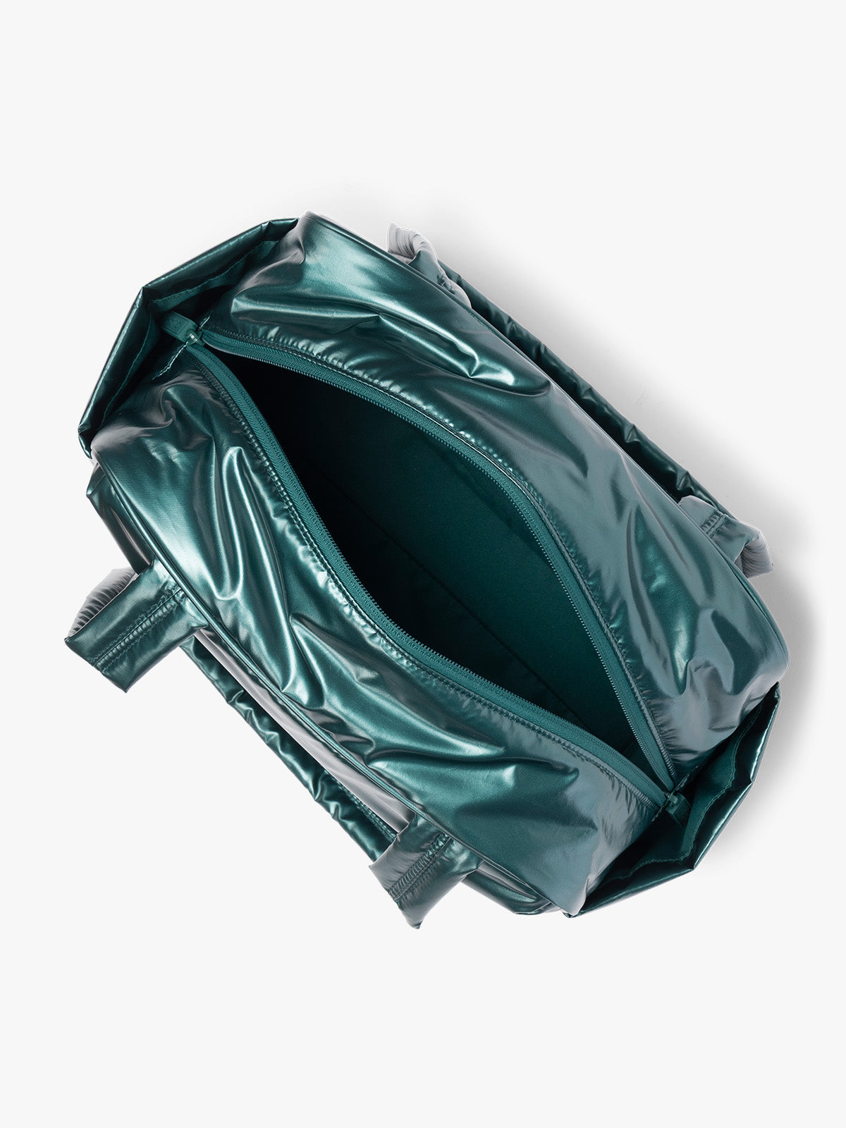 Opened CALPAK Luka Mini Duffel in dark green shiny Glazed Kale; DLM2501-GLAZED-KALE