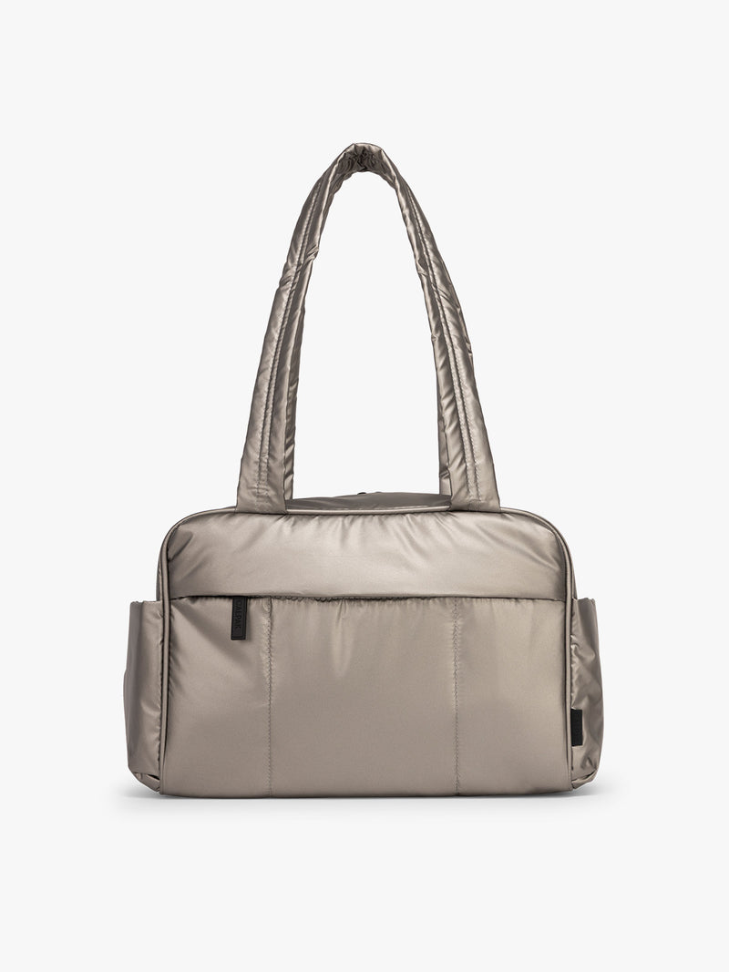 CALPAK Luka Mini Duffel in metallic grey on a white background