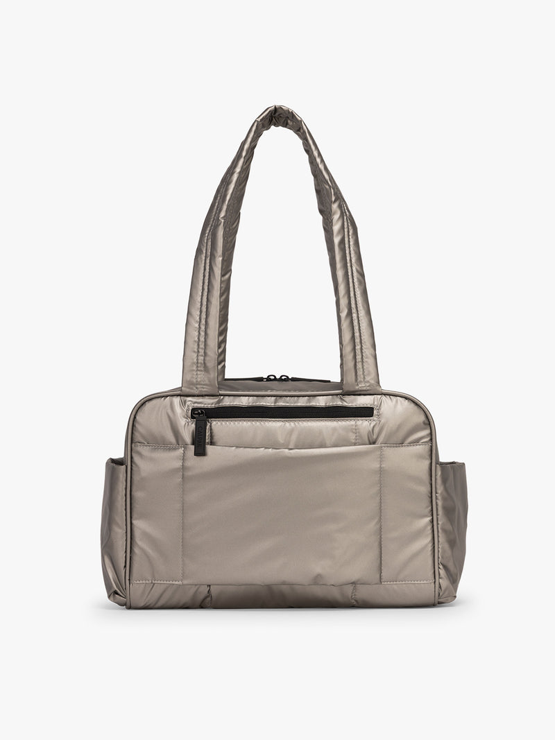 Back side of CALPAK Luka Mini Duffel in metallic grey on a white background
