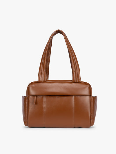 Honey brown vegan leather CALPAK Luka Mini Duffel with dual top handles and side pockets, photographed against a clean white background; DLM2501-HONEY-BROWN-PU view 1