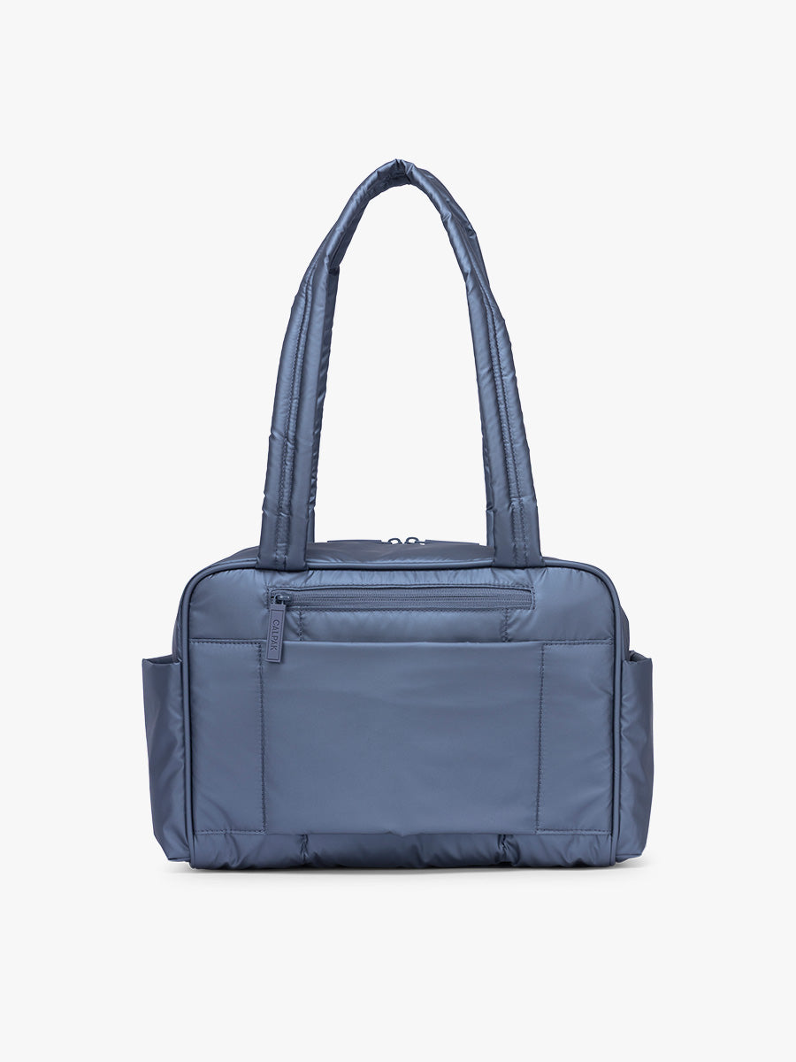 Back side of CALPAK Luka Mini Duffel in metallic dark blue Metallic Indigo; DLM2501-METALLIC-INDIGO