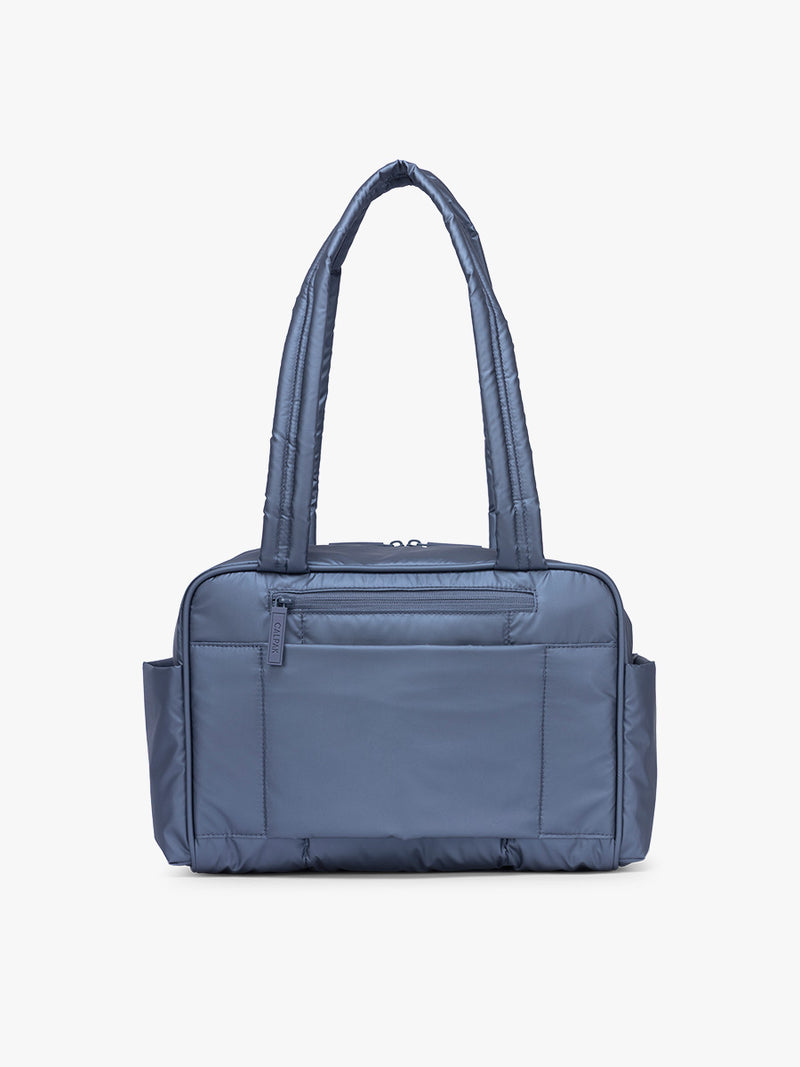 Back side of CALPAK Luka Mini Duffel in metallic dark blue Metallic Indigo