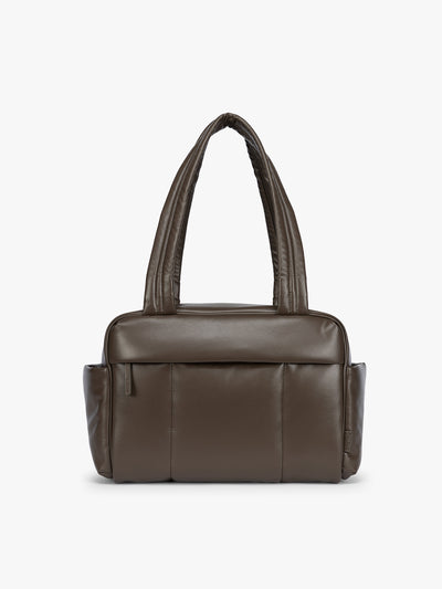 Dark brown Mushroom vegan leather CALPAK Luka Mini Duffel with dual top handles and side pockets, photographed against a clean white background; DLM2501-MUSHROOM-PU view 1