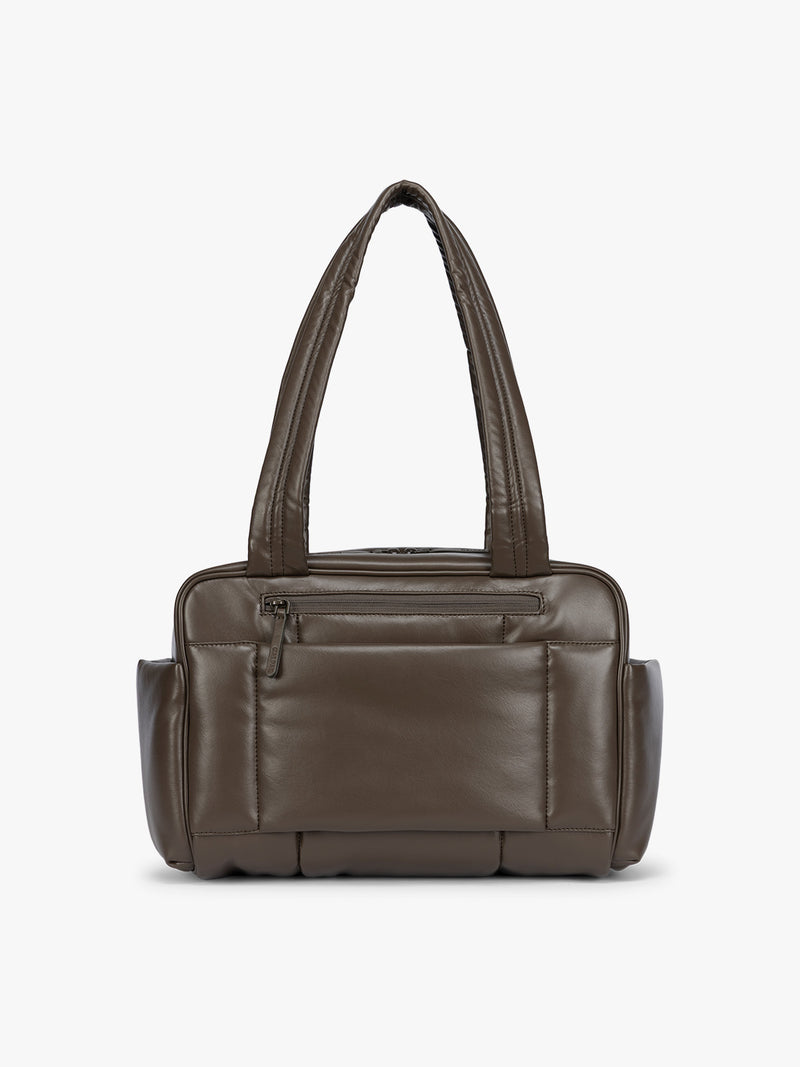 Backside with zipper of a Dark brown Mushroom vegan leather CALPAK Luka Mini Duffel with dual top handles and side pockets, photographed against a clean white background