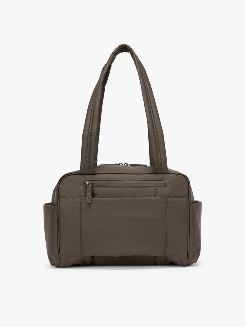 Back of CALPAK Luka Mini Duffel in brown Mushroom