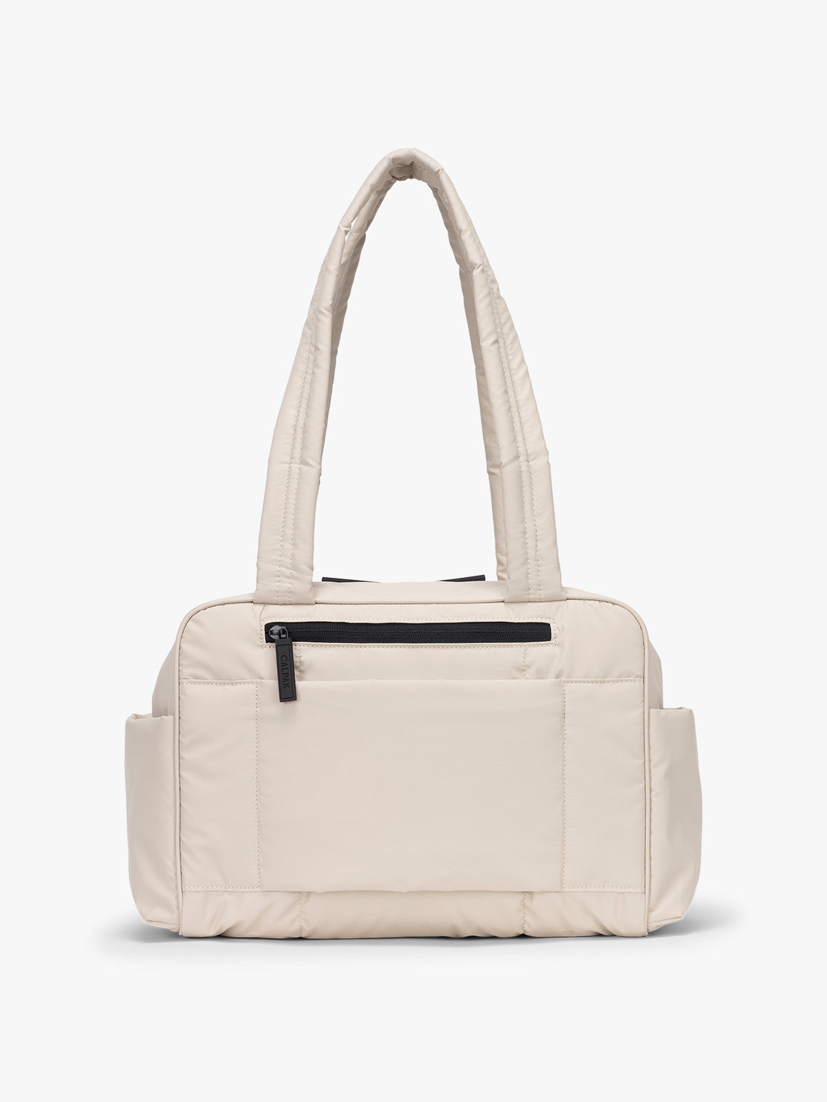 CALPAK Mini Duffel in white Oatmeal back view with zipper, puffy exterior, interior and exterior pockets, and padded shoulder straps; DLM2501-OATMEAL