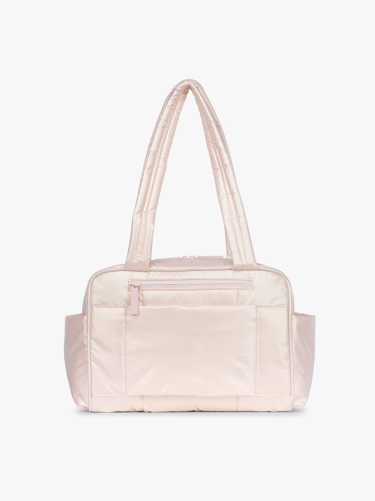 Backside of CALPAK Luka Mini Duffel in light pink shiny Pearlescent; DLM2501-PEARLESCENT