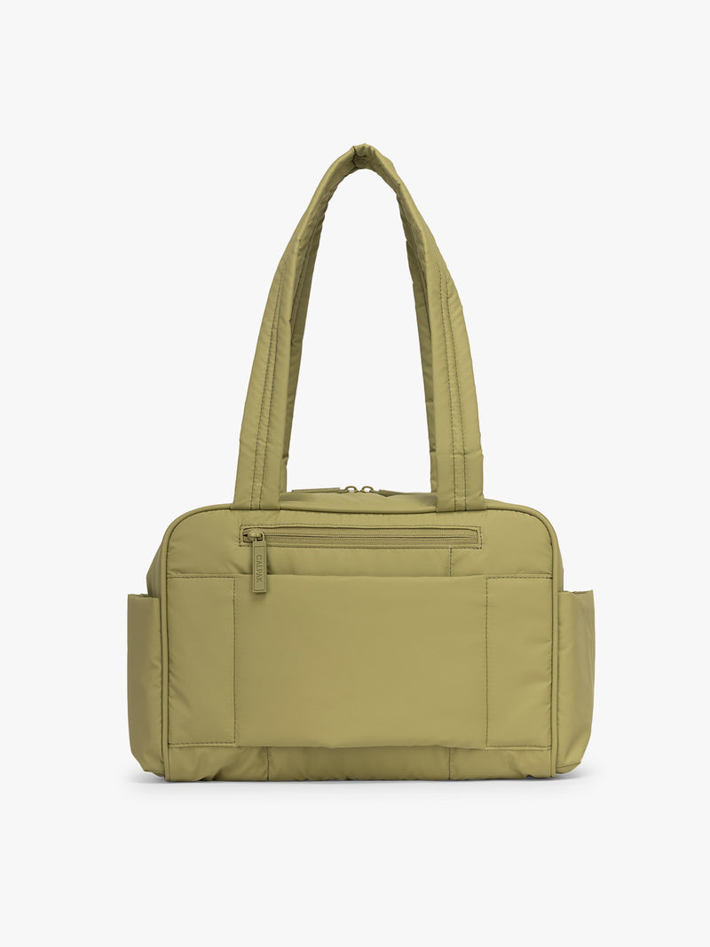Back side of CALPAK Luka Mini Duffel in dark green Pistachio on a white background