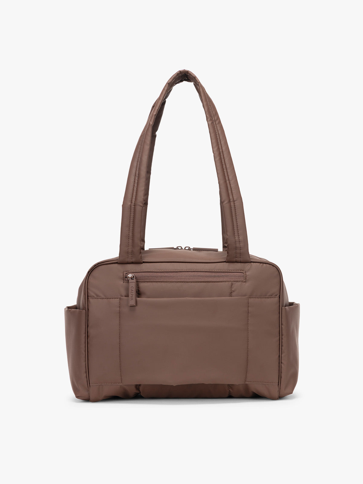 CALPAK Luka Mini Duffel front view in brown monochrome Walnut back view; DLM2501-WALNUT