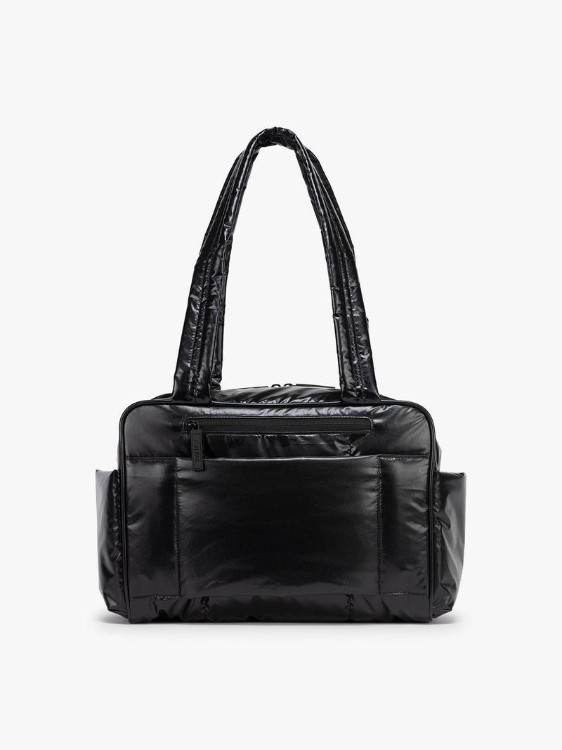 Back view of CALPAK Luka Mini Duffel in shiny Glazed Black on a white background