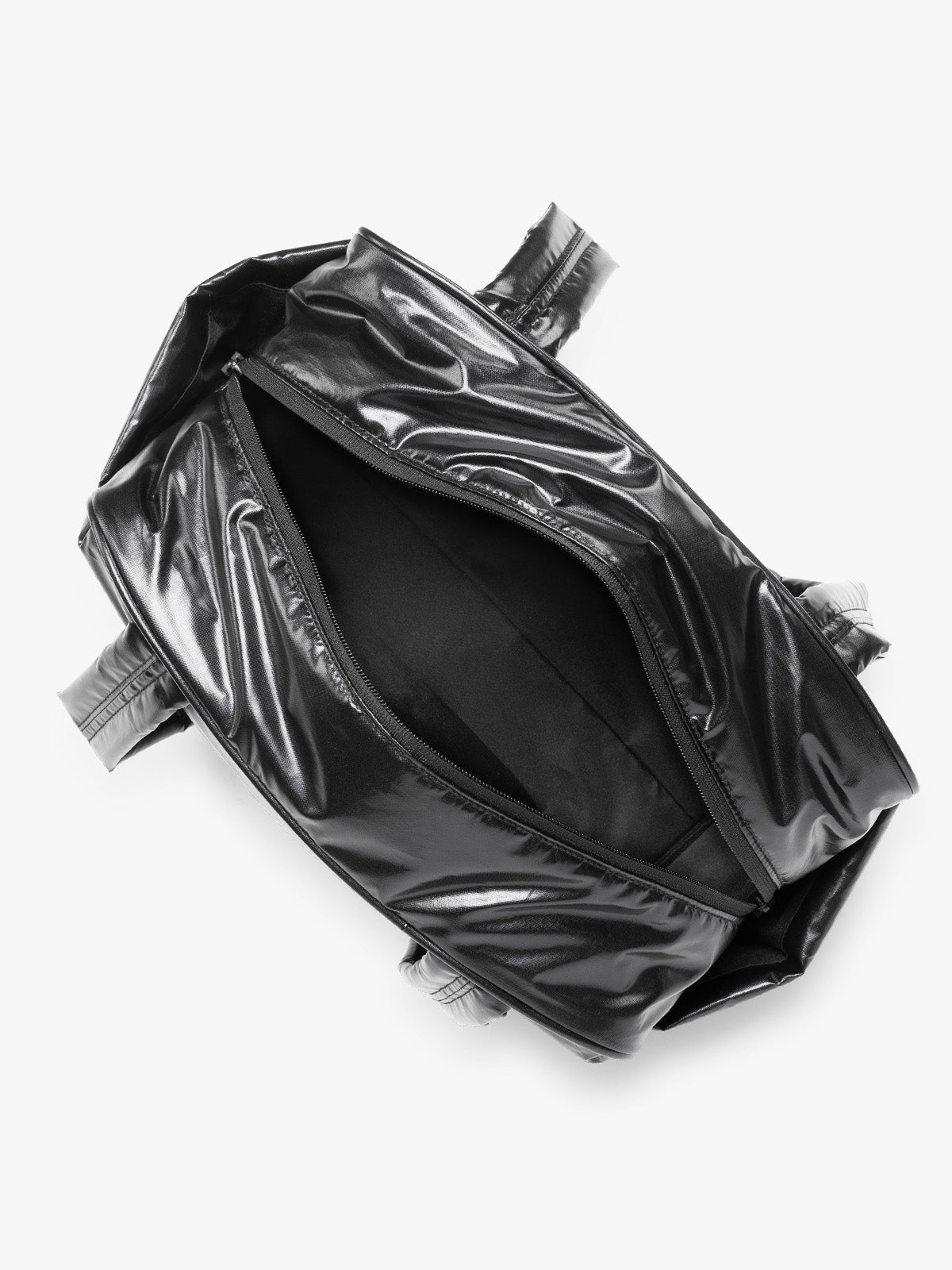 Opened view of CALPAK Luka Mini Duffel in shiny Glazed Black on a white background; DLM2501-GLAZED-BLACK