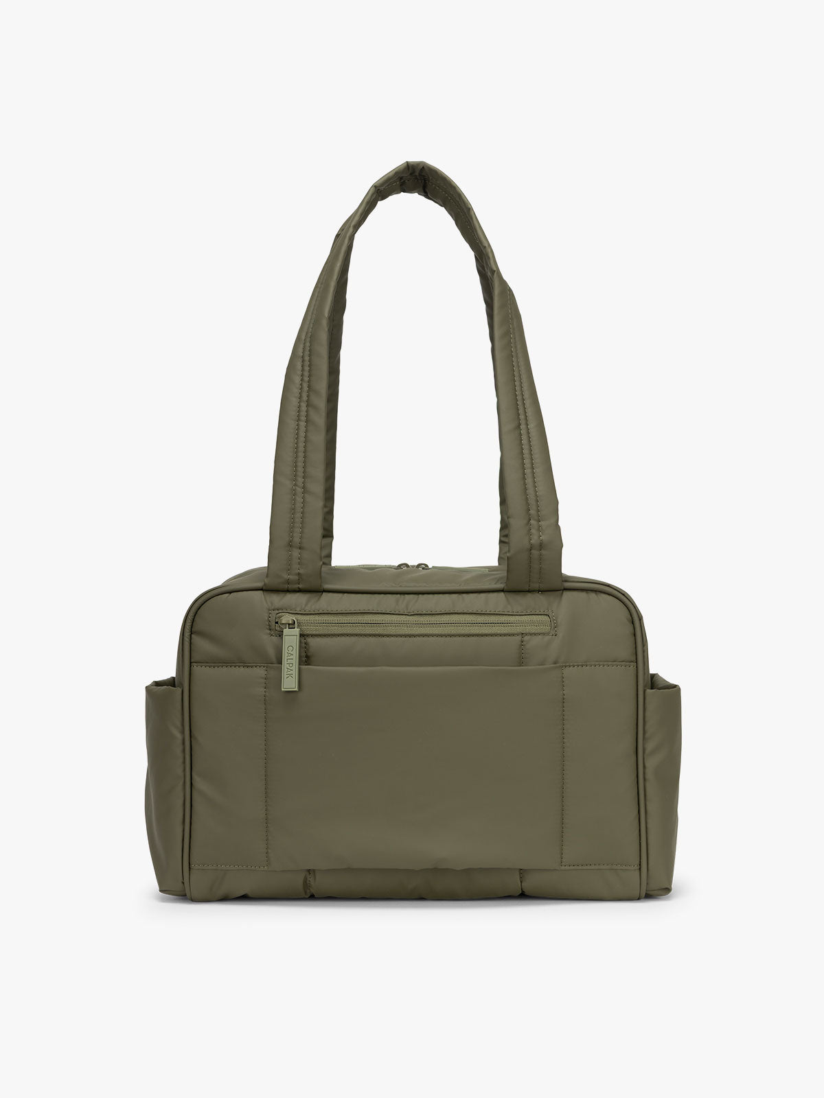 CALPAK Luka Mini Duffel in dark green Pine back view with zipper; DLM2501-PINE